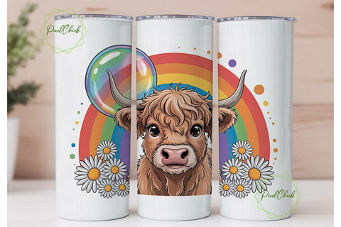 Highland Cow Rainbow Tumbler Wrap Sublimation PixelChick 