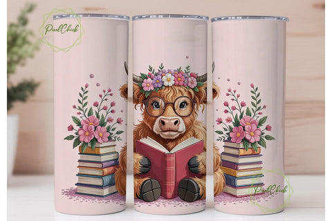 Highland Cow Reading 20oz Tumbler Wrap Sublimation PixelChick 