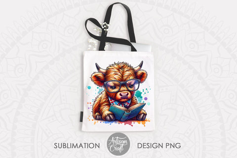 Highland Cow Reading a book, PNG Sublimation Artisan Craft SVG 