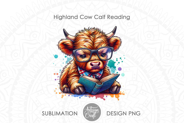 Highland Cow Reading a book, PNG Sublimation Artisan Craft SVG 
