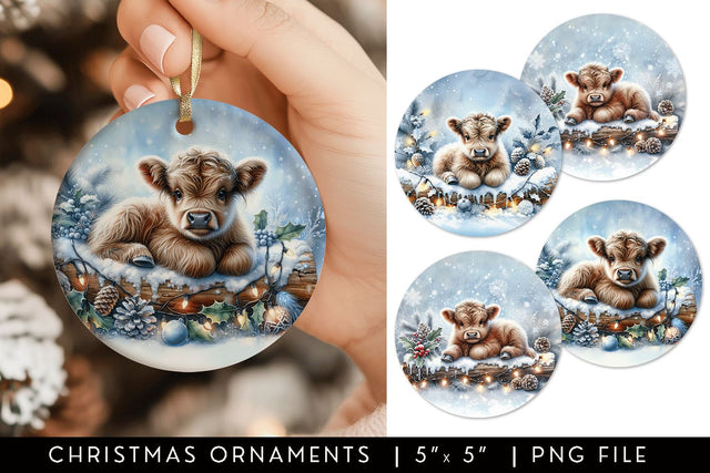 Highland Cow Round Christmas Ornament Sublimation Designs Sublimation BijouBay 