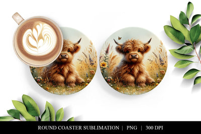Highland Cow Round Coaster Art, Digital Download Sublimation BijouBay 