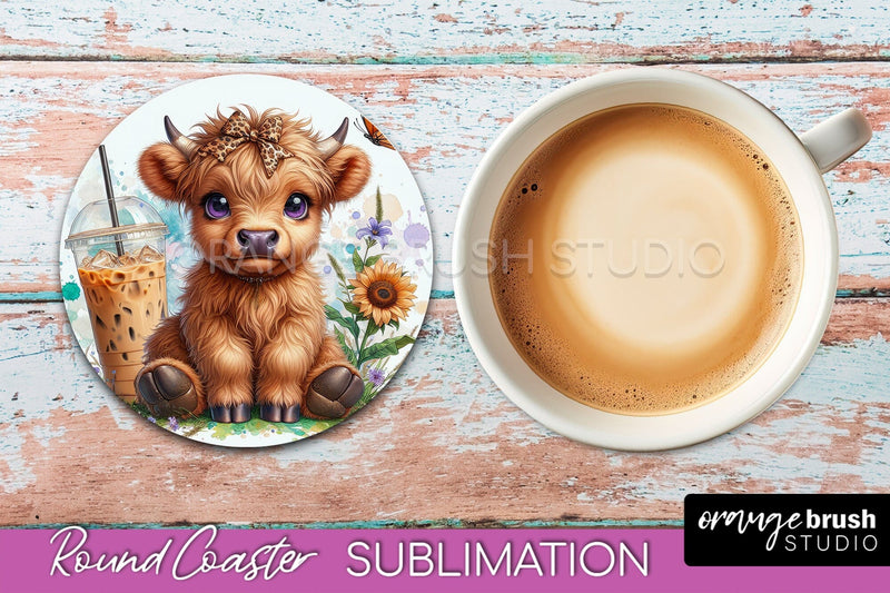 Highland Cow Round Coaster - Coffee Coaster Sublimation Sublimation OrangeBrushStudio 