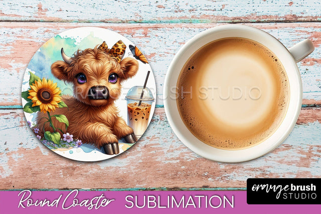 Highland Cow Round Coaster - Coffee Coaster Sublimation Sublimation OrangeBrushStudio 