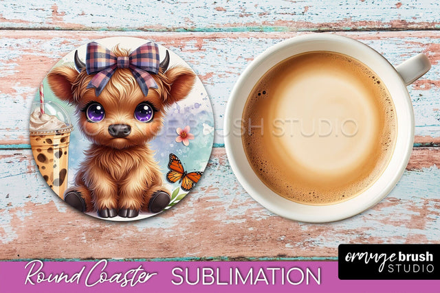 Highland Cow Round Coaster - Coffee Coaster Sublimation Sublimation OrangeBrushStudio 