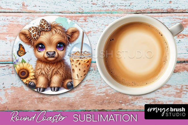 Highland Cow Round Coaster - Coffee Coaster Sublimation Sublimation OrangeBrushStudio 