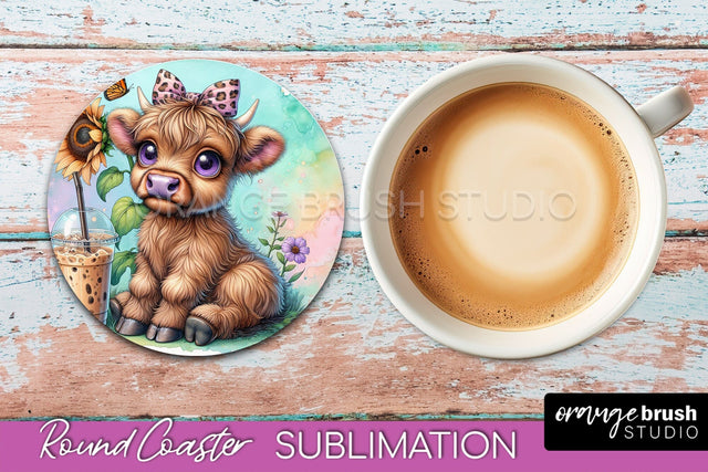 Highland Cow Round Coaster - Coffee Coaster Sublimation Sublimation OrangeBrushStudio 