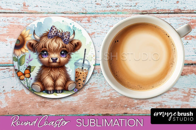 Highland Cow Round Coaster - Coffee Coaster Sublimation Sublimation OrangeBrushStudio 