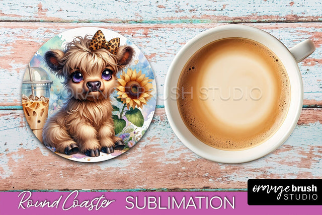 Highland Cow Round Coaster - Coffee Coaster Sublimation Sublimation OrangeBrushStudio 