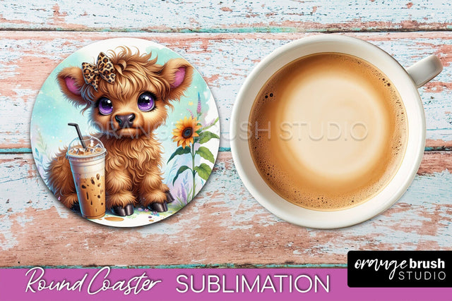 Highland Cow Round Coaster - Coffee Coaster Sublimation Sublimation OrangeBrushStudio 