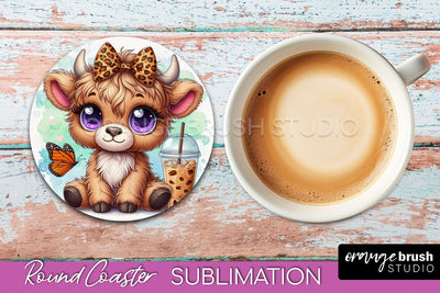 Highland Cow Round Coaster - Coffee Coaster Sublimation Sublimation OrangeBrushStudio 