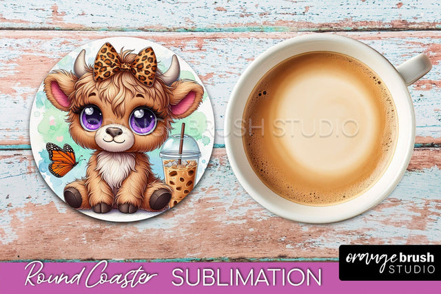 Highland Cow Round Coaster - Coffee Coaster Sublimation Sublimation OrangeBrushStudio 