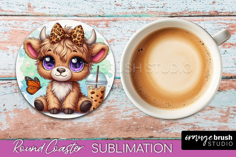 Highland Cow Round Coaster - Coffee Coaster Sublimation Sublimation OrangeBrushStudio 