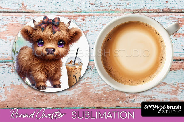 Highland Cow Round Coaster - Coffee Coaster Sublimation Sublimation OrangeBrushStudio 