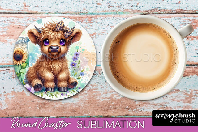 Highland Cow Round Coaster - Coffee Coaster Sublimation Sublimation OrangeBrushStudio 
