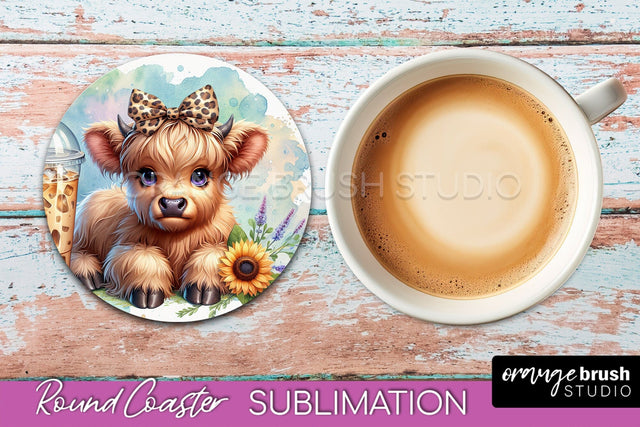Highland Cow Round Coaster - Coffee Coaster Sublimation Sublimation OrangeBrushStudio 