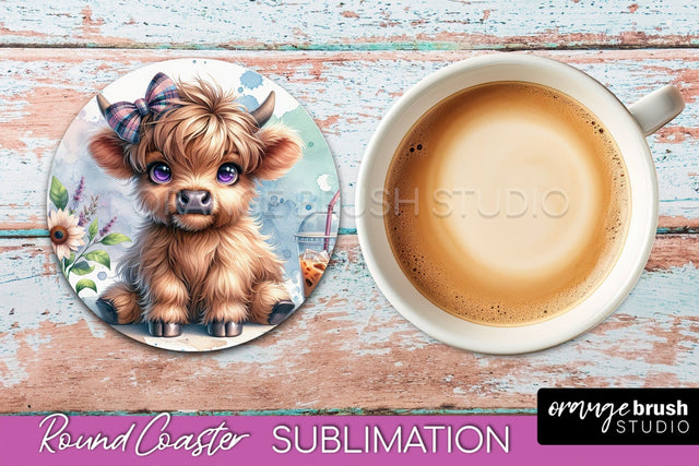 Highland Cow Round Coaster - Coffee Coaster Sublimation Sublimation OrangeBrushStudio 