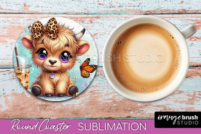 Highland Cow Round Coaster - Coffee Coaster Sublimation Sublimation OrangeBrushStudio 