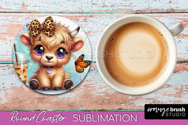 Highland Cow Round Coaster - Coffee Coaster Sublimation Sublimation OrangeBrushStudio 