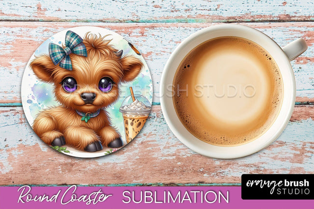 Highland Cow Round Coaster - Coffee Coaster Sublimation Sublimation OrangeBrushStudio 