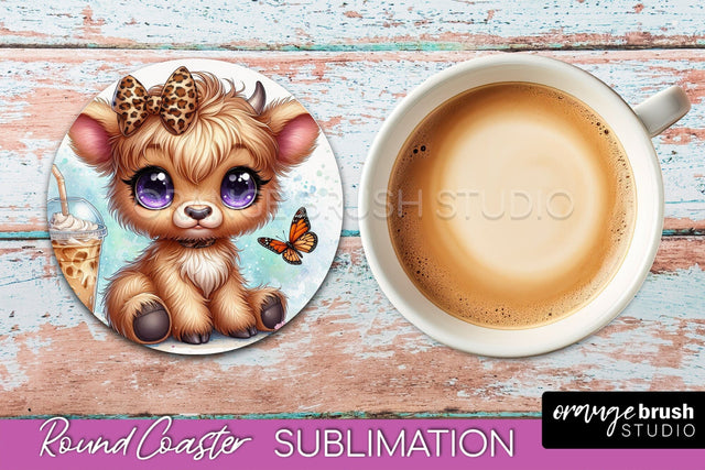 Highland Cow Round Coaster - Coffee Coaster Sublimation Sublimation OrangeBrushStudio 