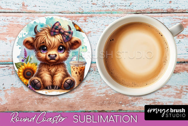 Highland Cow Round Coaster - Coffee Coaster Sublimation Sublimation OrangeBrushStudio 