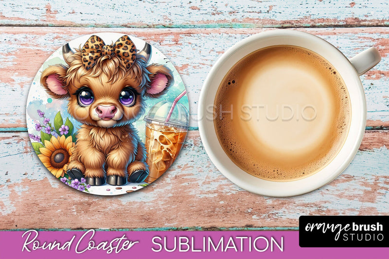 Highland Cow Round Coaster - Coffee Coaster Sublimation Sublimation OrangeBrushStudio 