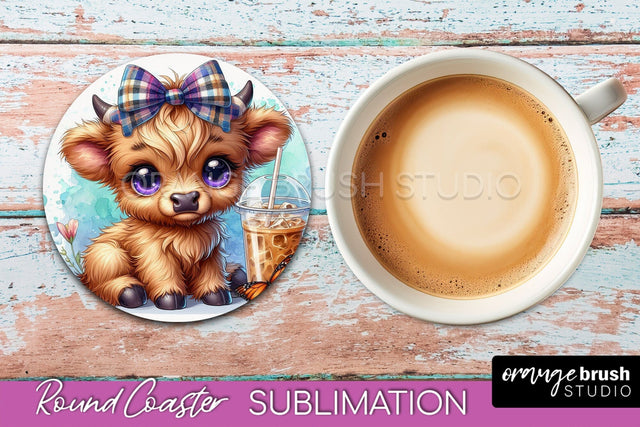Highland Cow Round Coaster - Coffee Coaster Sublimation Sublimation OrangeBrushStudio 