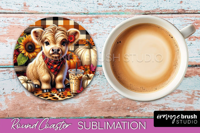 Highland Cow Round Coaster - Fall Coaster Sublimation Sublimation OrangeBrushStudio 