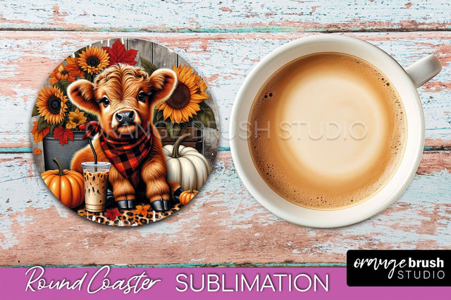 Highland Cow Round Coaster - Fall Coaster Sublimation Sublimation OrangeBrushStudio 