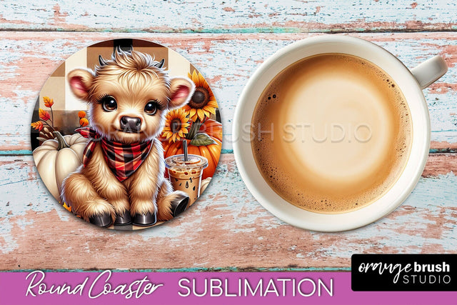 Highland Cow Round Coaster - Fall Coaster Sublimation Sublimation OrangeBrushStudio 