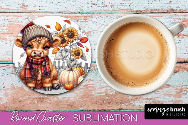 Highland Cow Round Coaster - Fall Coaster Sublimation Sublimation OrangeBrushStudio 