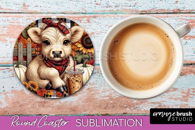 Highland Cow Round Coaster - Fall Coaster Sublimation Sublimation OrangeBrushStudio 