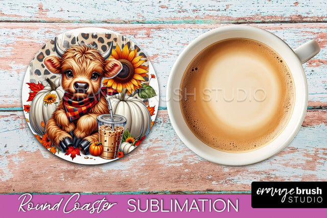 Highland Cow Round Coaster - Fall Coaster Sublimation Sublimation OrangeBrushStudio 