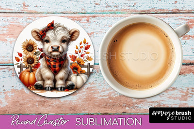 Highland Cow Round Coaster - Fall Coaster Sublimation Sublimation OrangeBrushStudio 