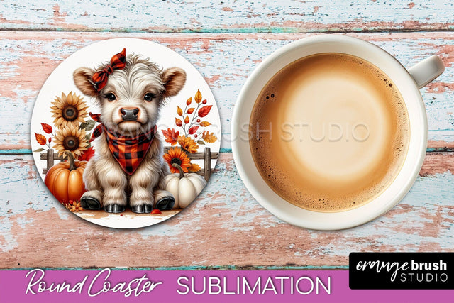 Highland Cow Round Coaster - Fall Coaster Sublimation Sublimation OrangeBrushStudio 