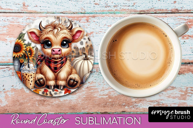 Highland Cow Round Coaster - Fall Coaster Sublimation Sublimation OrangeBrushStudio 