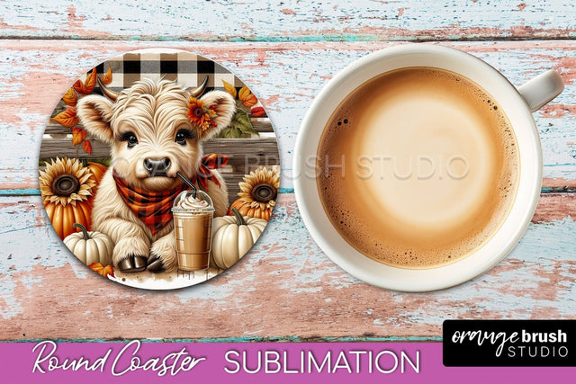Highland Cow Round Coaster - Fall Coaster Sublimation Sublimation OrangeBrushStudio 
