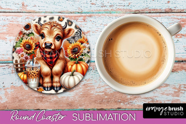 Highland Cow Round Coaster - Fall Coaster Sublimation Sublimation OrangeBrushStudio 