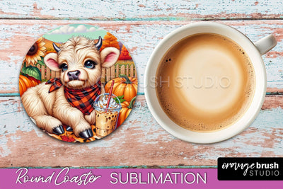 Highland Cow Round Coaster - Fall Coaster Sublimation Sublimation OrangeBrushStudio 