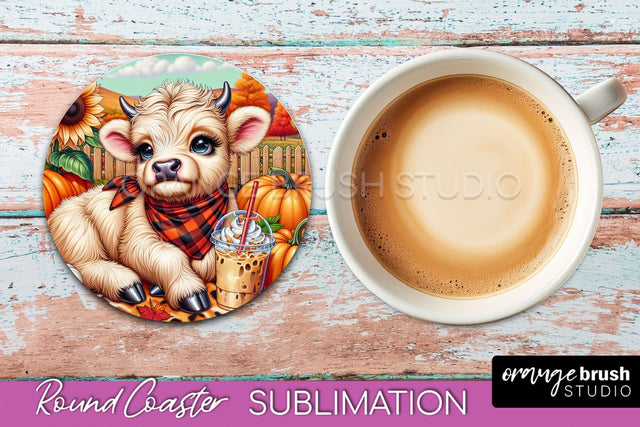 Highland Cow Round Coaster - Fall Coaster Sublimation Sublimation OrangeBrushStudio 