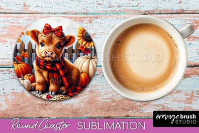 Highland Cow Round Coaster - Fall Coaster Sublimation Sublimation OrangeBrushStudio 