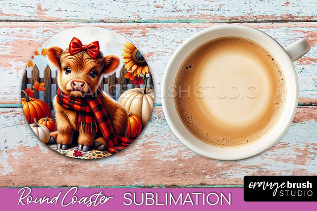 Highland Cow Round Coaster - Fall Coaster Sublimation Sublimation OrangeBrushStudio 