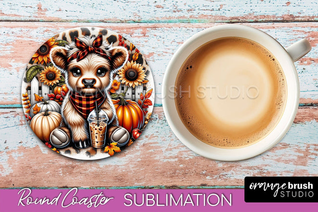 Highland Cow Round Coaster - Fall Coaster Sublimation Sublimation OrangeBrushStudio 