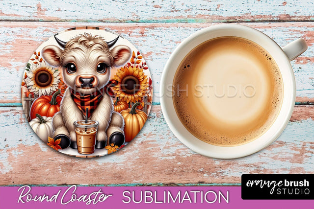 Highland Cow Round Coaster - Fall Coaster Sublimation Sublimation OrangeBrushStudio 