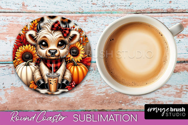 Highland Cow Round Coaster - Fall Coaster Sublimation Sublimation OrangeBrushStudio 