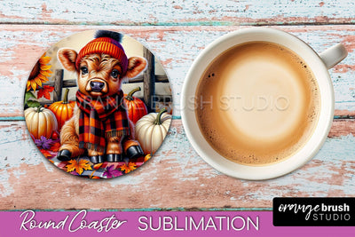 Highland Cow Round Coaster - Fall Coaster Sublimation Sublimation OrangeBrushStudio 