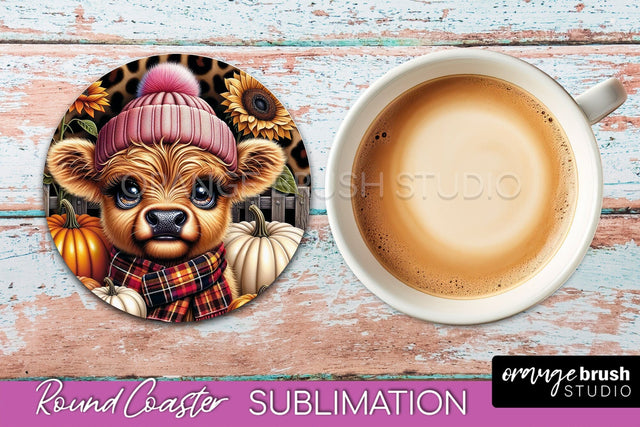 Highland Cow Round Coaster - Fall Coaster Sublimation Sublimation OrangeBrushStudio 