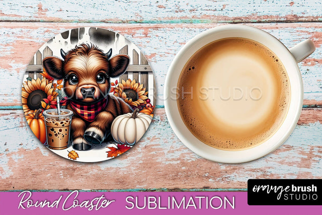 Highland Cow Round Coaster - Fall Coaster Sublimation Sublimation OrangeBrushStudio 