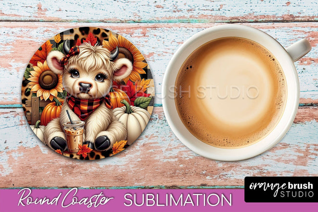 Highland Cow Round Coaster - Fall Coaster Sublimation Sublimation OrangeBrushStudio 